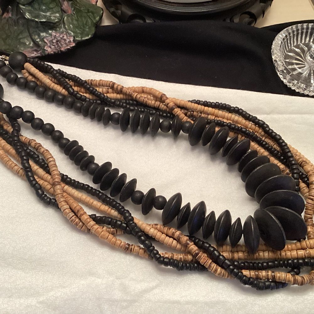 Set of 2 Wooden Bead Necklaces in Tans and Blacks